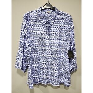 John Mark NWT Blouse Womens 2X Button-up Long Sleeve Blue/White Geometric Artsy